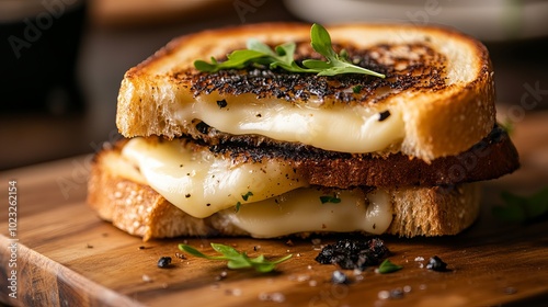 Decadent grilled cheese, perfectly sliced and infused with rich truffle flavor, a gourmet twist on a classic favorite. photo