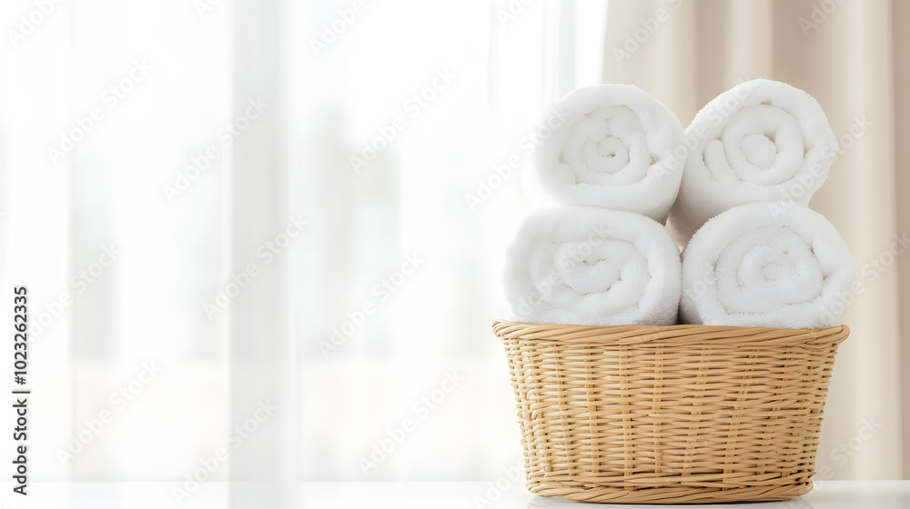 Neatly Arranged White Towels in a Woven Basket – Elegant Bathroom Decor and Organisation Neatly Arranged White Towels in a Woven Basket – Elegant Bathroom Decor and Organisation