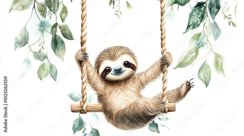 Fototapeta premium A whimsical watercolor illustration of a baby sloth playfully swinging on wooden rope swings, surrounded by lush greenery and vibrant vines.
