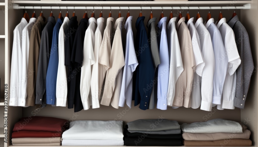 Immaculate closet space featuring neatly arranged clothes for optimal organization Immaculate closet space featuring neatly arranged clothes for optimal organization