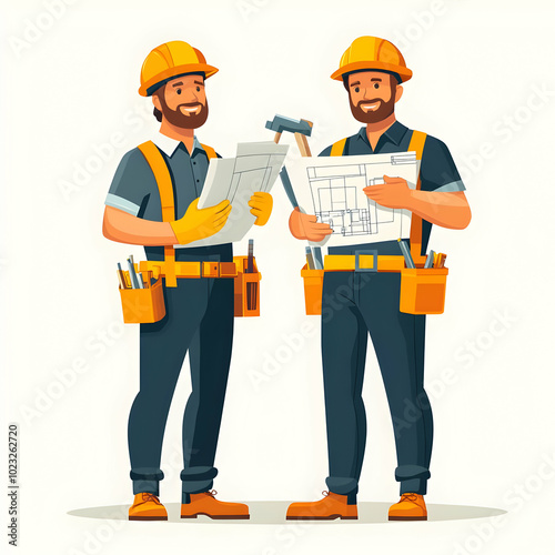 Two Construction Workers with Hammers and Blueprints - Symbolizing Efficient and Friendly Construction Services on Clean Background for Your Project Needs