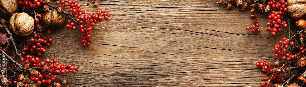 Red berries and brown branches on a rustic wooden background. Red berries and brown branches on a rustic wooden background.