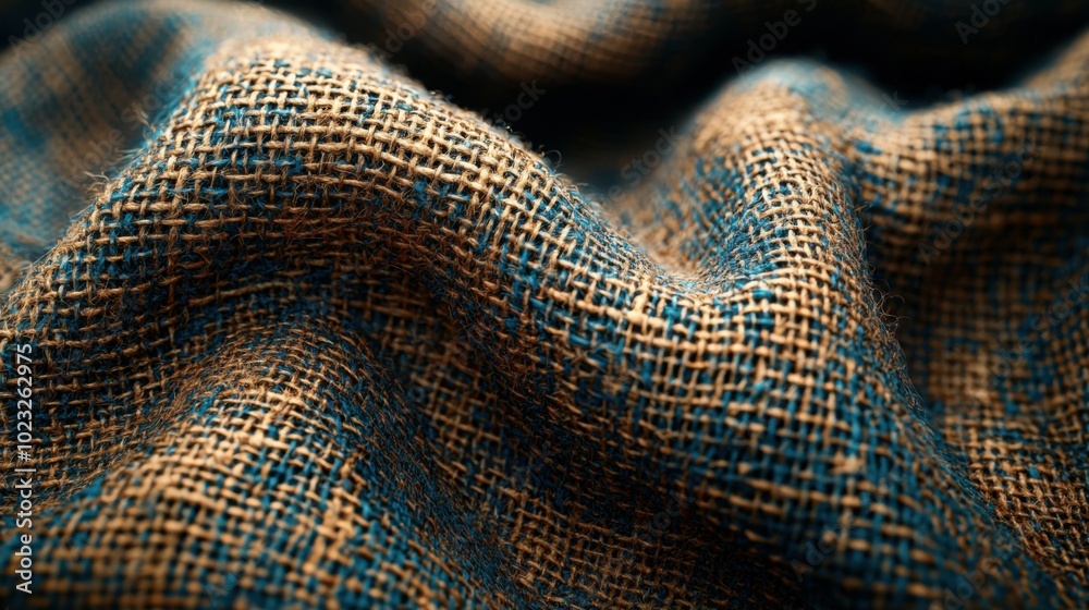 A close-up view of rustic fabric showing intricate patterns and textures. The fabric features shades of blue and brown, creating a natural aesthetic. A close-up view of rustic fabric showing intricate patterns and textures. The fabric features shades of blue and brown, creating a natural aesthetic.