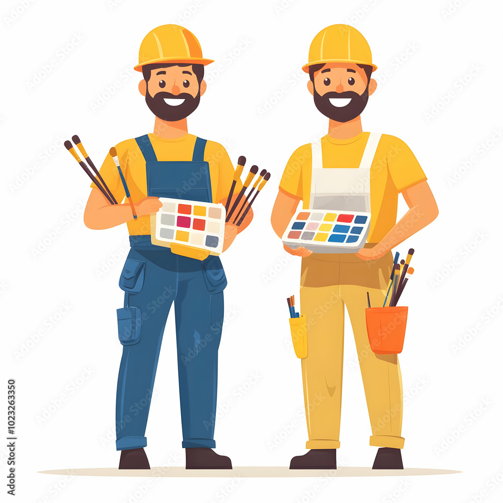 Two Painters Holding Paintbrushes and Color Palettes on Clean Background Symbolizing Professional and Friendly Painting Services Two Painters Holding Paintbrushes and Color Palettes on Clean Background Symbolizing Professional and Friendly Painting Services