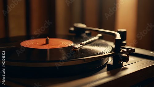 Vintage Vinyl Records and Turntable: Warm Ambient Lighting Creates a Nostalgic Retro Vibe photo