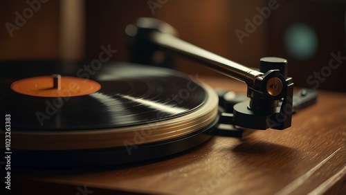 Vintage Vinyl Records and Turntable: Warm Ambient Lighting Creates a Nostalgic Retro Vibe photo