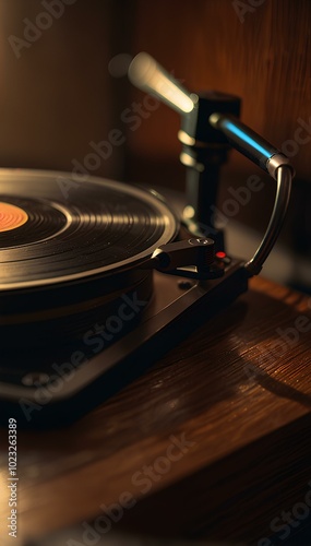 Vintage Vinyl Records and Turntable: Warm Ambient Lighting Creates a Nostalgic Retro Vibe photo