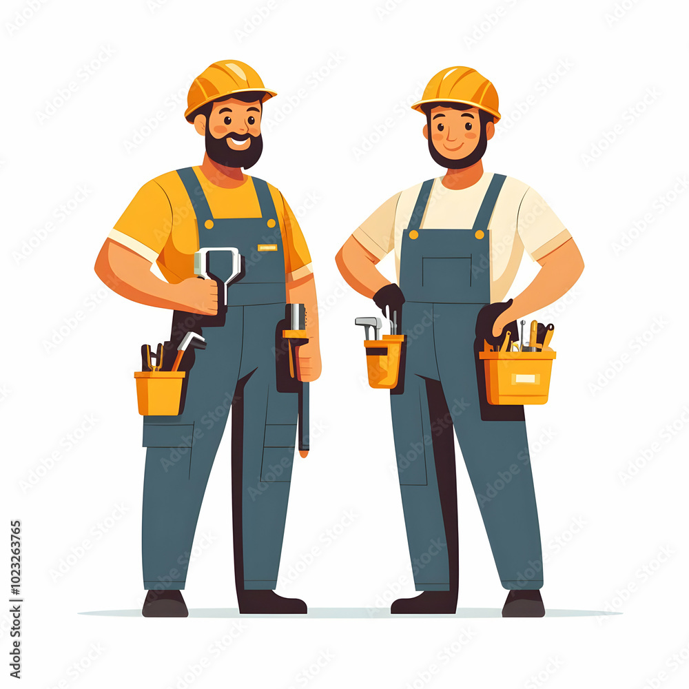 Two Plumbers with Tool Kits and Pipes - Friendly Plumbing Services Ready for Action on Clean Background with Ample Space for Text or Graphics Two Plumbers with Tool Kits and Pipes - Friendly Plumbing Services Ready for Action on Clean Background with Ample Space for Text or Graphics