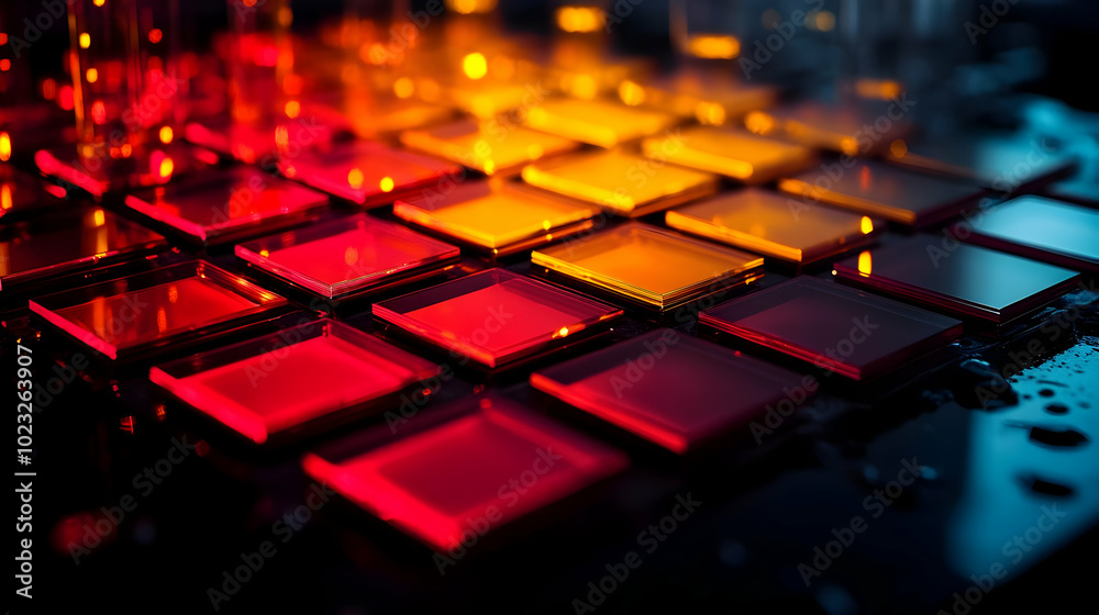 Abstract 3D Render of Red and Yellow Glass Squares in a Geometric Pattern on a Dark Reflective Surface with Blurred Lights in the Background Abstract 3D Render of Red and Yellow Glass Squares in a Geometric Pattern on a Dark Reflective Surface with Blurred Lights in the Background