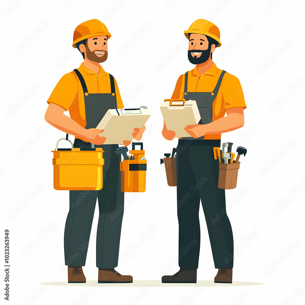 Two Plumbers with Tool Kits and Pipes: Efficient and Friendly Plumbing Services with Ample Space for Text or Graphics on a Clean Background Two Plumbers with Tool Kits and Pipes: Efficient and Friendly Plumbing Services with Ample Space for Text or Graphics on a Clean Background