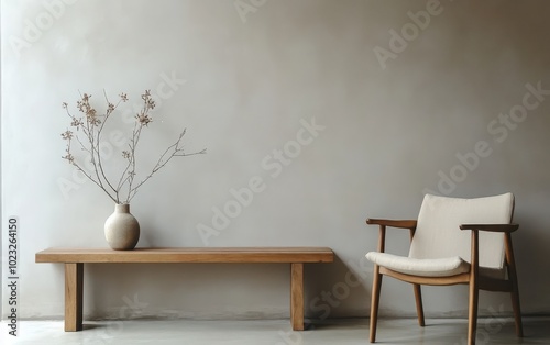 Minimalist, Japandi interior design of a modern living room. Stylish accent armchair against a grey wall with a wooden bench 