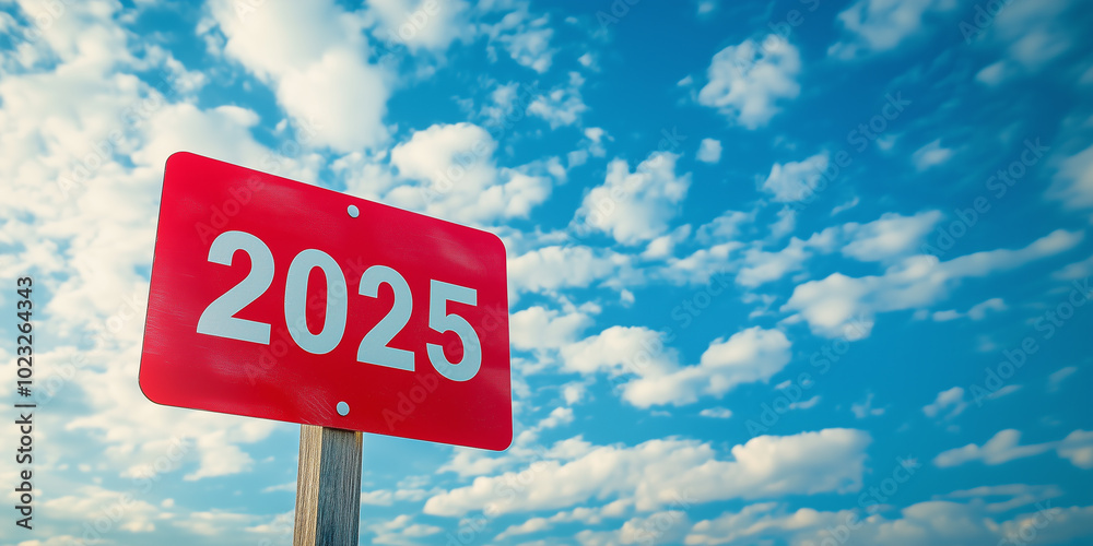 2025 red road sign against blue sky with white clouds - concept of future, new year, and progress. 2025 red road sign against blue sky with white clouds - concept of future, new year, and progress.