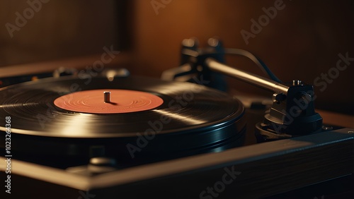 Vintage Vinyl Records and Turntable: Warm Ambient Lighting Creates a Nostalgic Retro Vibe photo