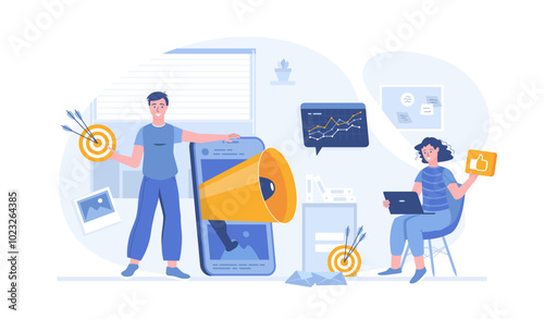 Mobile marketing. Promotion, advertising, social media campaign, digital marketing for attraction clients. Vector illustration with characters in flat design for web banner.