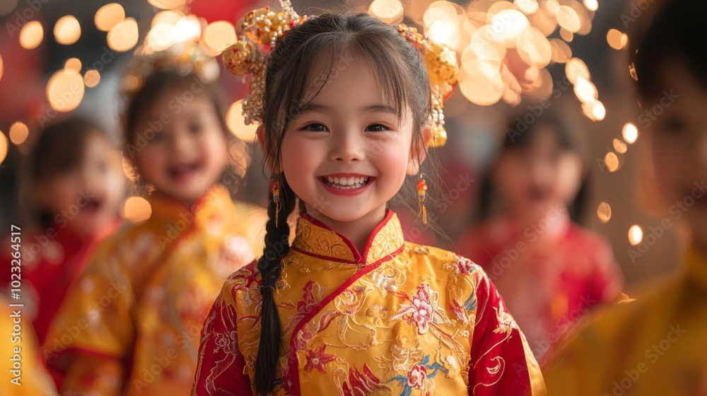 closeup of Chinese children celebrating new year in the street festival . ai generated closeup of Chinese children celebrating new year in the street festival . ai generated