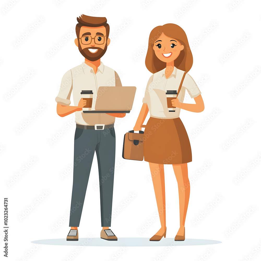 Two Office Assistants with Coffee Cups and Laptops in an Efficient Office Setting: A Friendly Workspace Concept for Creative Solutions Two Office Assistants with Coffee Cups and Laptops in an Efficient Office Setting: A Friendly Workspace Concept for Creative Solutions