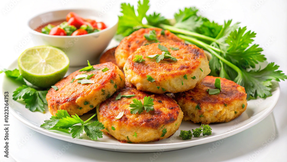 Tasty healthy and nutritious seafood Thai fish cakes on white or transparent background Tasty healthy and nutritious seafood Thai fish cakes on white or transparent background