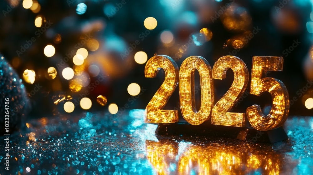 A glowing golden 2025 standing on a sparkling surface with blurred bokeh lights in the background, creating a festive atmosphere A glowing golden 2025 standing on a sparkling surface with blurred bokeh lights in the background, creating a festive atmosphere