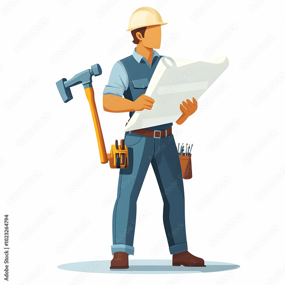 Efficient Person with Hammer and Blueprint on Blank Background for Building Service Concept � Symbolizing Friendly Construction Solutions Efficient Person with Hammer and Blueprint on Blank Background for Building Service Concept � Symbolizing Friendly Construction Solutions