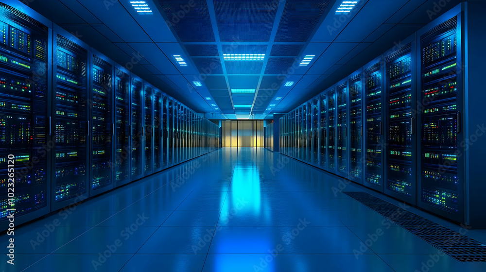 Fototapeta premium A 3D Render of a Server Room with Rows of Servers Illuminated by Blue Lights