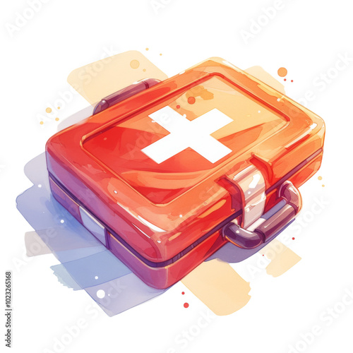 First aid kit icon with red cross on white background photo