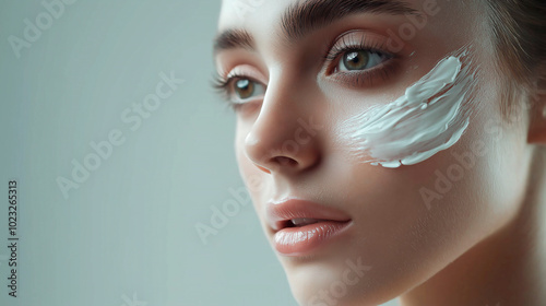 Close up beauty portrait laughing beautiful woman applying face cream make up health spa fresh skin