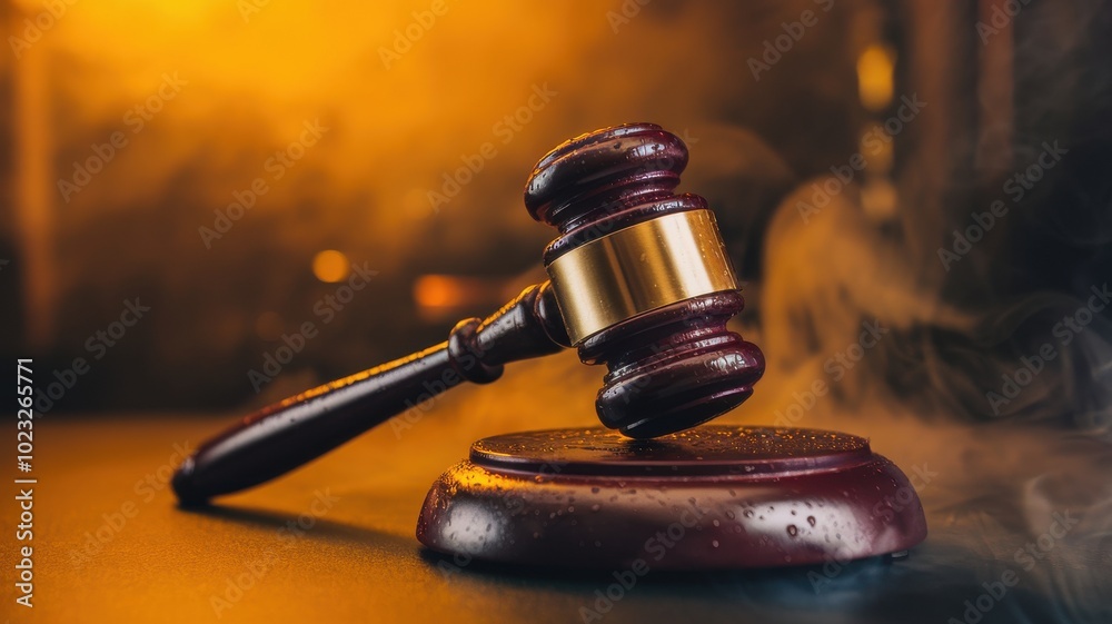 Gavel resting on wooden base, surrounded by ambient smoke and dramatic lighting. Gavel resting on wooden base, surrounded by ambient smoke and dramatic lighting.