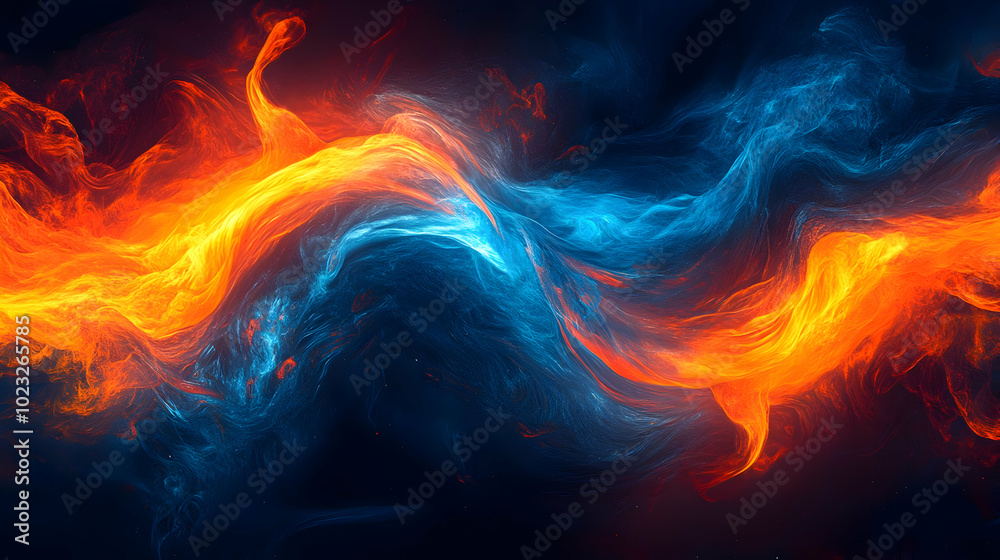 Abstract Digital Art of Swirling Flames and Smoke in Blue and Orange Hues Abstract Digital Art of Swirling Flames and Smoke in Blue and Orange Hues