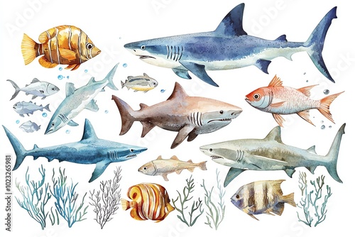 Various fish illustrations, including sharks and colorful species, on a white isolated background.