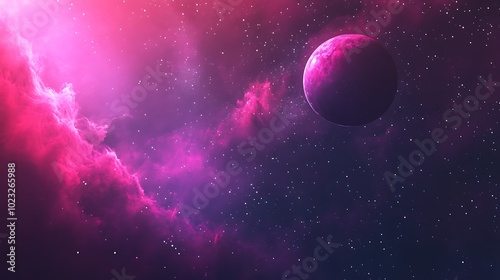 A pink planet with a glowing nebula and stars in the background.