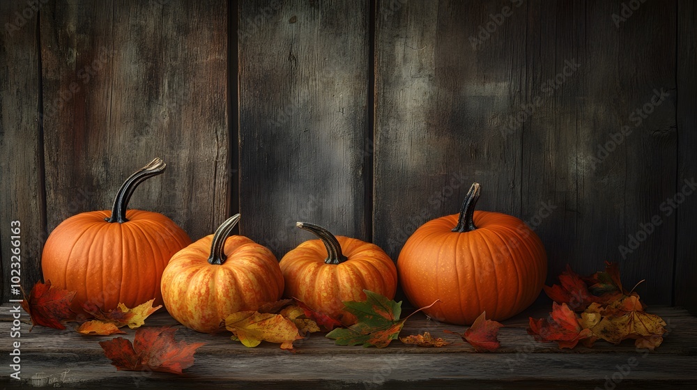 A photograph of pumpkins and autumn leaves on a wooden background, showcasing the beauty of the fall season A photograph of pumpkins and autumn leaves on a wooden background, showcasing the beauty of the fall season
