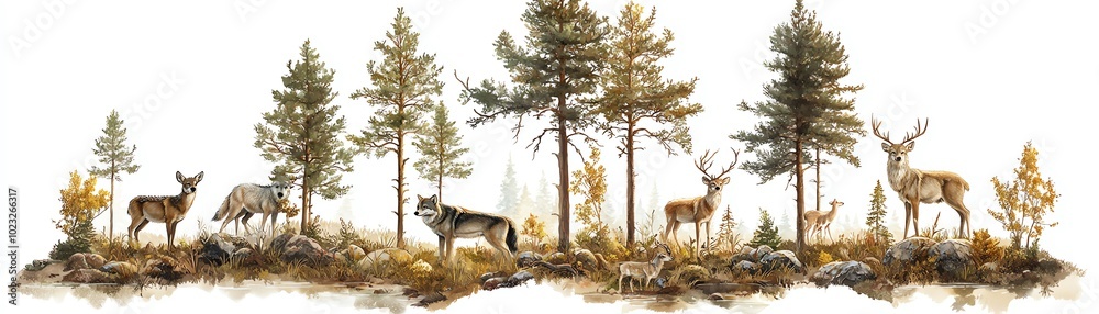 Deer and forest scene featuring various trees and wildlife against a white isolated background. Deer and forest scene featuring various trees and wildlife against a white isolated background.