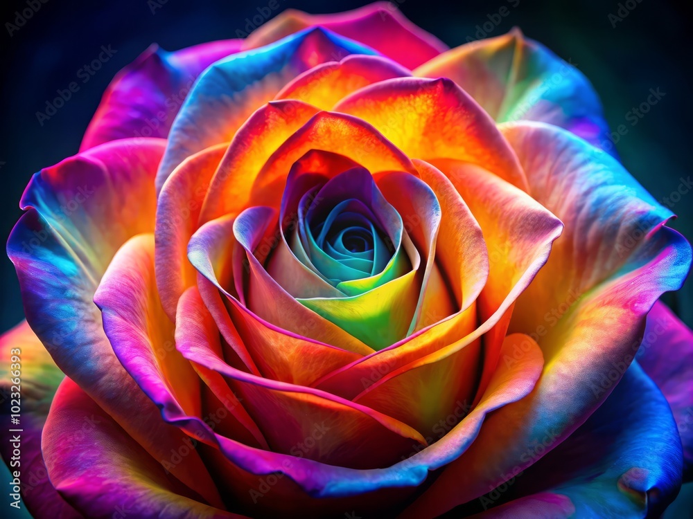 In a world where emotions take on vibrant, kaleidoscopic forms, a fluorescent rose represents the radiant beauty of inner peace In a world where emotions take on vibrant, kaleidoscopic forms, a fluorescent rose represents the radiant beauty of inner peace