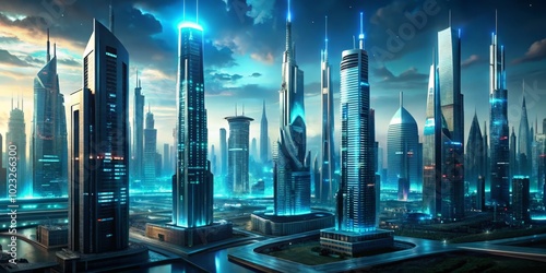 A futuristic metropolis where sleek, charcoal-colored skyscrapers are infused with veins of glowing aqua blue energy, pulsing with an otherworldly power. photo