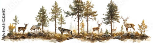 Deer and forest scene featuring various trees and wildlife against a white isolated background.