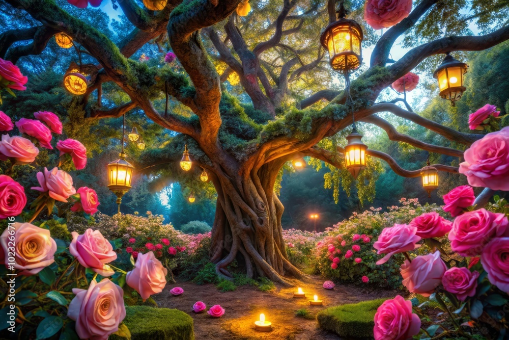 Obraz premium A hidden, fluorescent rose garden thrives in the heart of a mystical, ancient tree, its blossoms whispering secrets to the wind