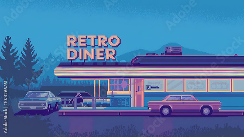 Retro Diner with blue and pink color scheme, pixel art style, nostalgic and inviting, perfect for a vintage themed design. 
 photo