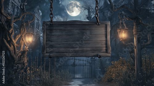 Old Haunted Mansion Entrance: A weathered wooden sign hanging from rusted iron chains, set in front of a spooky,