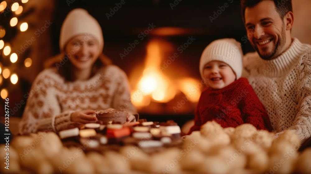 Loving family gathered around a warm and inviting fireplace sipping hot chocolate and sharing laughter on a cozy and festive winter evening creating cherished holiday memories together Loving family gathered around a warm and inviting fireplace sipping hot chocolate and sharing laughter on a cozy and festive winter evening creating cherished holiday memories together