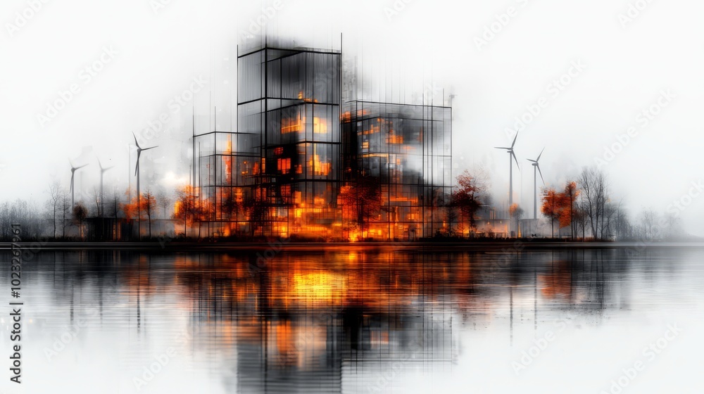 Abstract depiction of a burning building with reflections on water. Abstract depiction of a burning building with reflections on water.