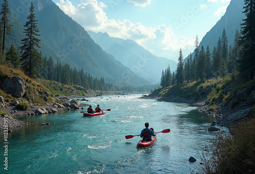 Kayakers paddling on scenic mountain river