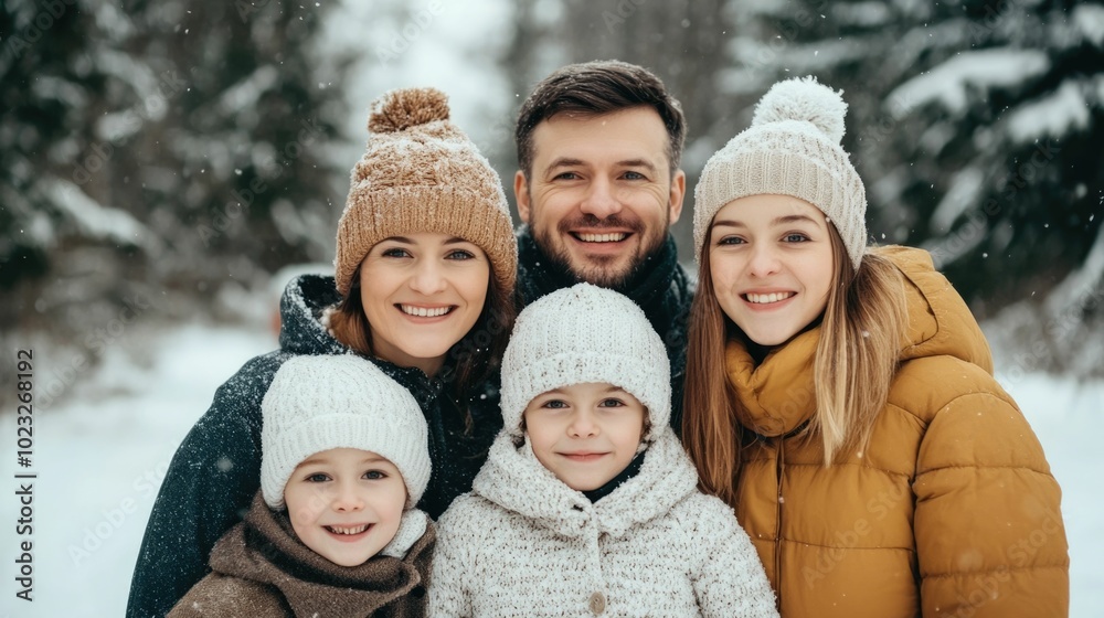 Cheerful family of five bundled up in warm winter attire embracing and smiling together in a picturesque snowy forest landscape Cheerful family of five bundled up in warm winter attire embracing and smiling together in a picturesque snowy forest landscape