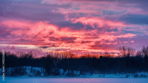 Winter Sunset Over Snowy Landscape with Vibrant Colors photo