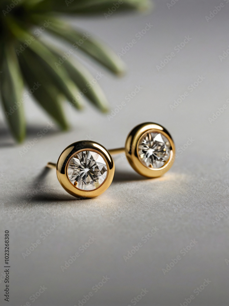 a pair of elegant gold earrings adorned with round-cut diamonds.