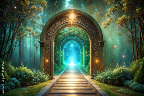 A warm taupe pathway leading to a shimmering turquoise portal, gateway to a new dimension