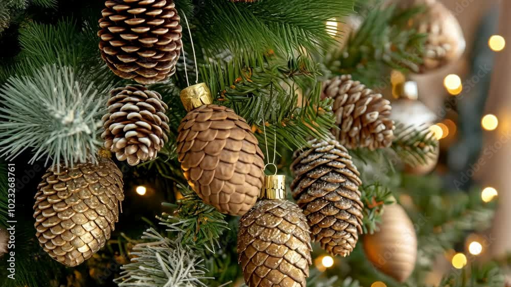 Close-up of frosted pinecones and golden ornaments on christmas tree with warm lights, capturing the essence of new year festive decor Close-up of frosted pinecones and golden ornaments on christmas tree with warm lights, capturing the essence of new year festive decor