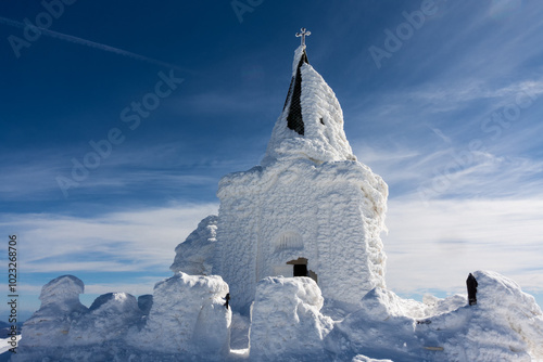 The chapel of Saints Peter and Paul on top of Kaimaktsalan mountain, covered with ice and snow, where a great battle took place in WWI between Serbian and Bulgarian troops