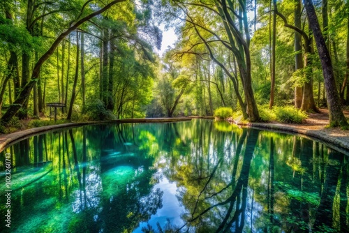 Glimmering pool that reflects the beauty of the forest, as the trees themselves seem to bend and curve around its tranquil surface