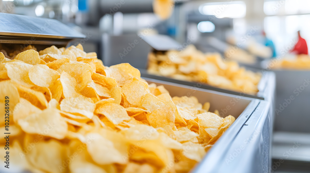 Potato Chips Production Line at Food Plant – Manufacturing Process for Snack Foods Potato Chips Production Line at Food Plant – Manufacturing Process for Snack Foods