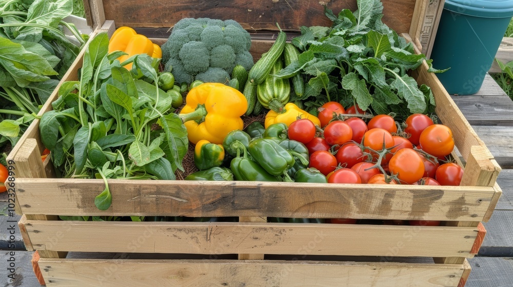 Assortment of Fresh Organic Vegetables and Produce in Wooden Box or Crate from Abundant Local Farm Harvest